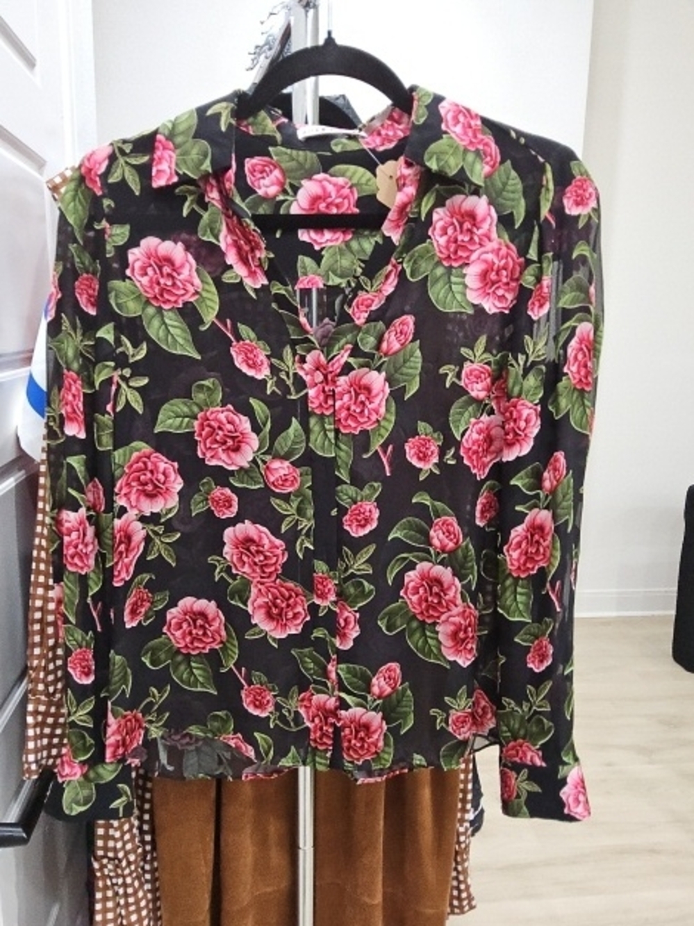Alice + Olivia Black Blouse with Pink Rose Print